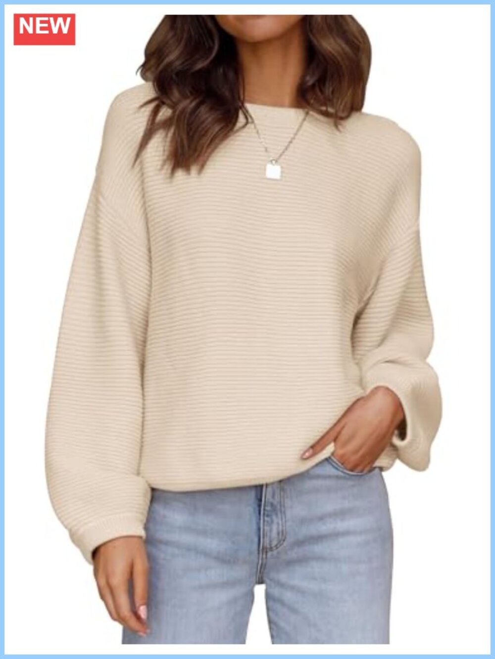 Knit Pullover Sweater with Boat Neck and Lantern Sleeves